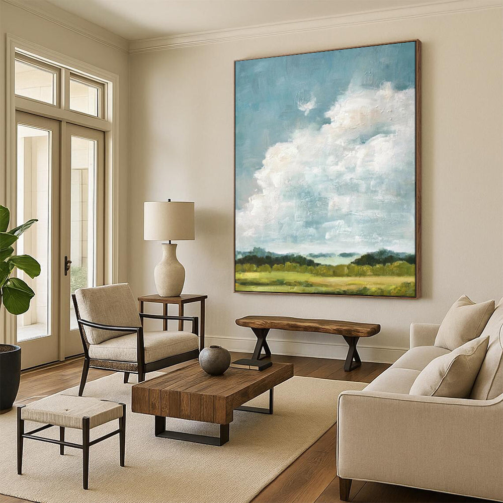 “Sky’s Embrace: Fluffy Clouds Over Fields” - Impasto Landscape Oil on Canvas CT1878