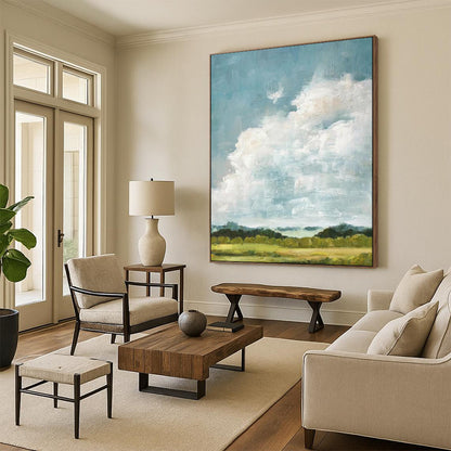 “Sky’s Embrace: Fluffy Clouds Over Fields” - Impasto Landscape Oil on Canvas CT1878