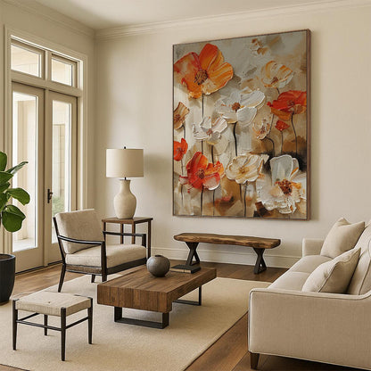 Orange and White Floral Relief - Impasto Flower Painting On Canvas DKH1399