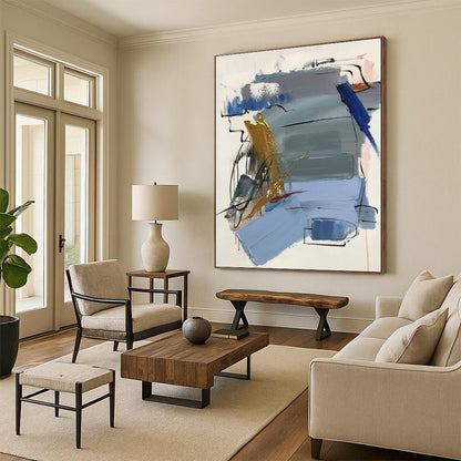 “Blue - Gray - Gold Abstract Fusion” ，Abstract Acrylic Painting CT0804