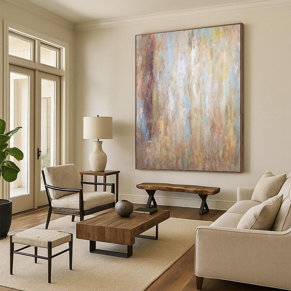 “Warm - Toned Abstract Layers” - Beige, Brown & Blue Textured Painting On Canvas DKH0946