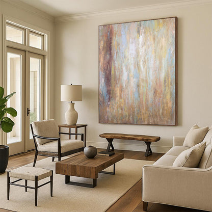 “Warm - Toned Abstract Layers” - Beige, Brown & Blue Textured Painting On Canvas DKH0946