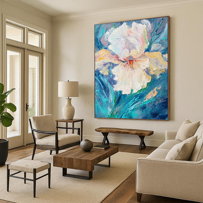 “Textured White Flower on Blue” - White, Pink & Blue Impasto Floral Painting On Canvas DKH0942