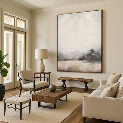 “Misty Lake Dreamscape” – Impressionistic Landscape Oil Painting with Soft Gray and Beige CT2056