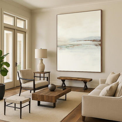 “Neutral Tones Seaside” - Beige, Blue, Green Abstract Landscape Painting On Canvas DTP224