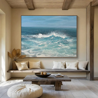 “Blue, White, Crashing Waves ‘Dynamic Surf’” - Realist Seascape Painting On Canvas DLZ025