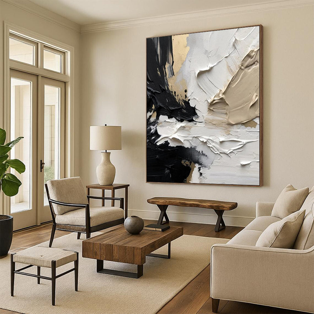 “Black - White - Gold Textured Abstract” - Black, White, Gold Impasto Painting On Canvas DTP301
