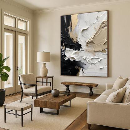 “Black - White - Gold Textured Abstract” - Black, White, Gold Impasto Painting On Canvas DTP301