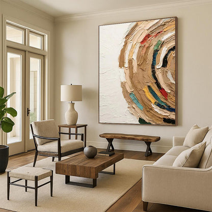 “Textured Circular Abstract with Earth Tones and Colorful Accents” - Impasto - Style Painting On Canvas DKH1118