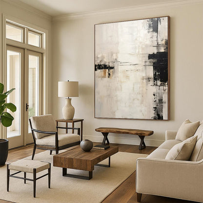 “White - Black - Beige Abstract Strokes” ，Abstract Oil Painting CT0838