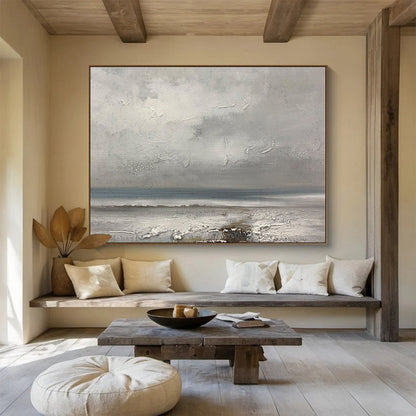 “Textured Gray Seaside” - Gray & Blue Impasto Coastal Painting On Canvas DLZ265