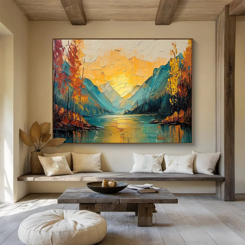 “Autumn Mountain Lake - Warm Gold & Cool Teal Landscape Painting On Canvas” DKH861