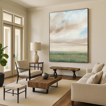 “Softly Blended Sky & Fields” – Watercolor Landscape Painting On Canvas CT2117