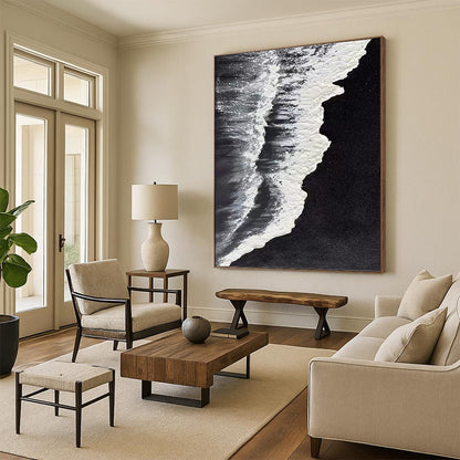 “Black - White Wave Detail” - Black & White Textured Seascape Painting On Canvas DKH0962