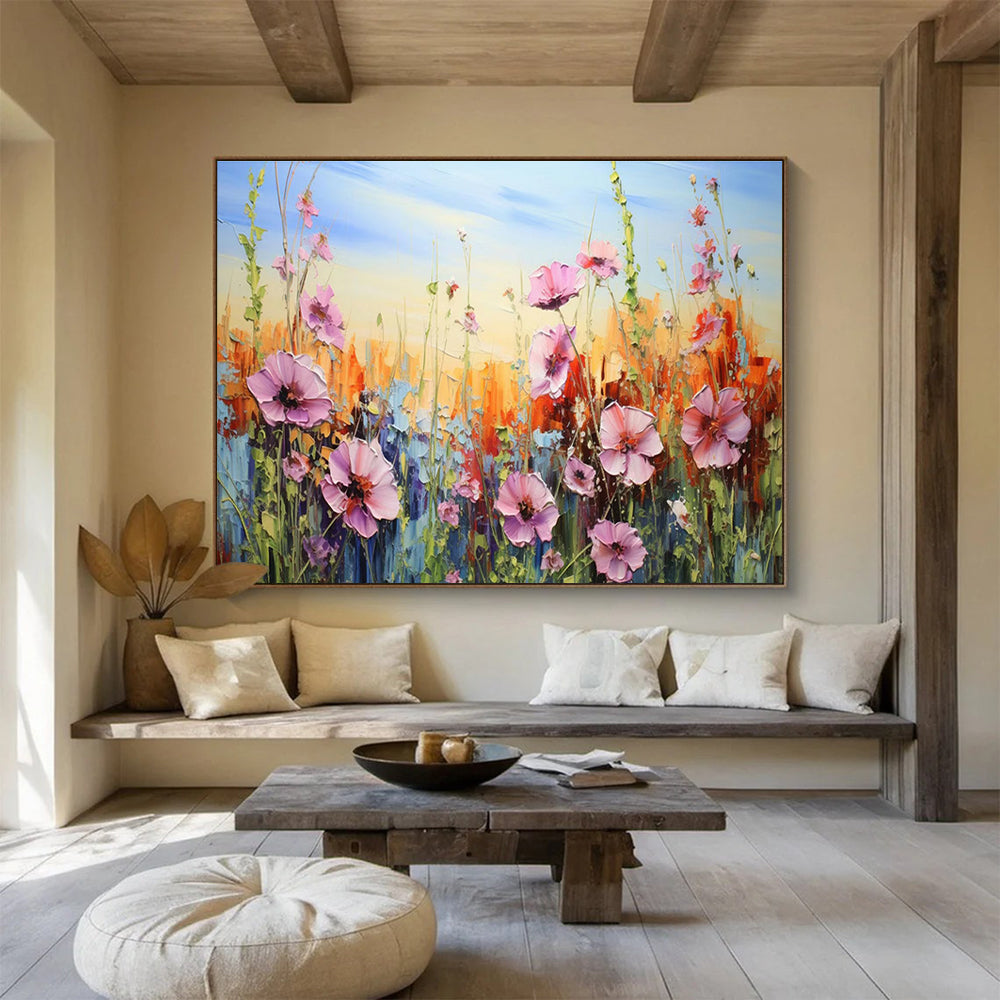 Impasto Wildflower Meadow - Pink, Orange & Blue Floral Painting On Canvas DKH903