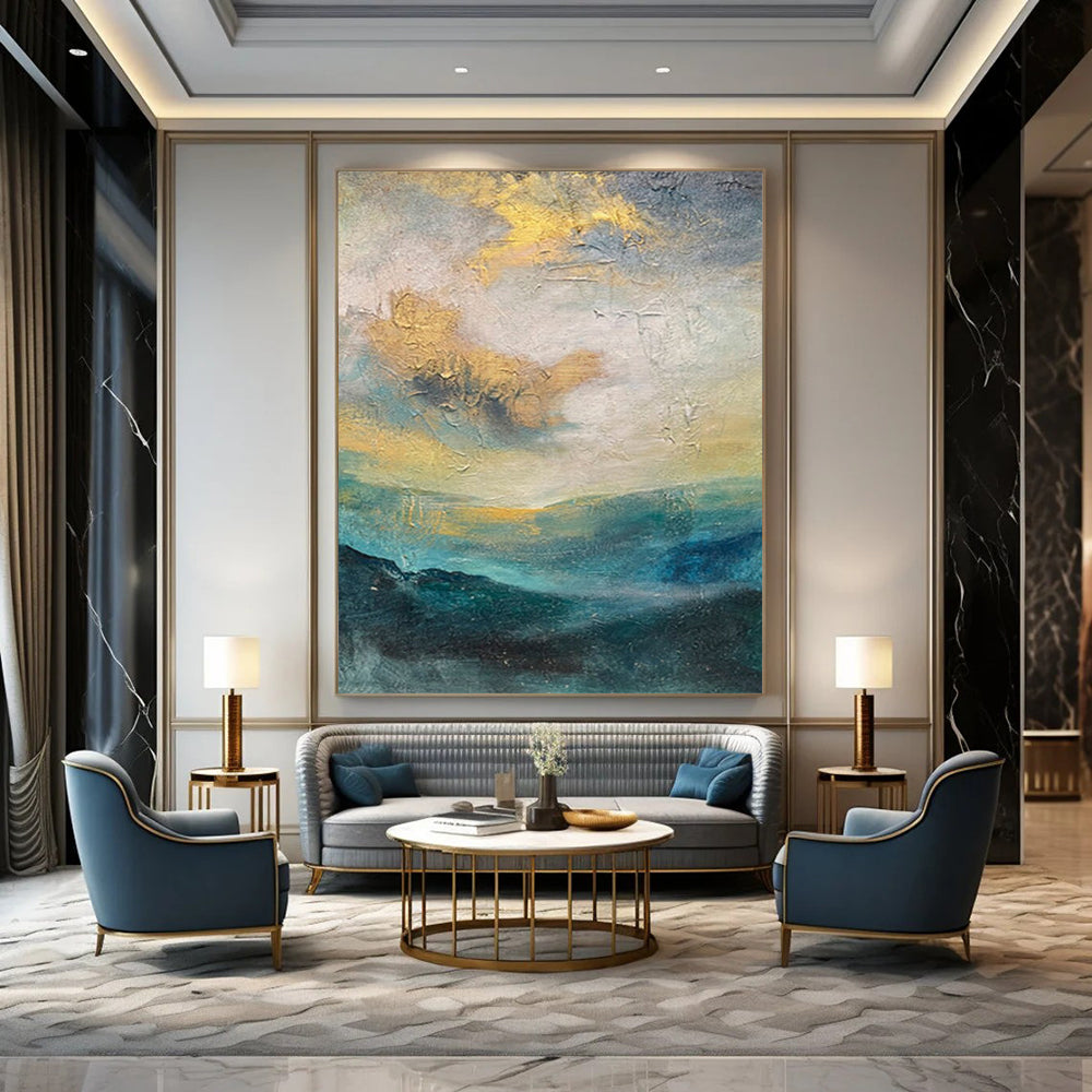 “Gold, Blue, Gray Hazy Landscape” – Abstract Landscape Painting CT1004