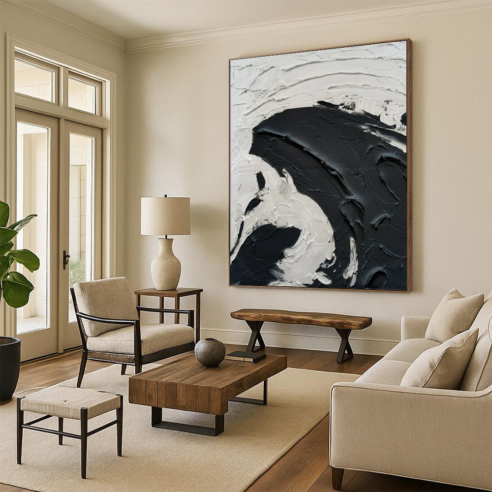 “White, Black Textured Swirl ‘Dramatic Serenity’” - Impasto Abstract Painting On Canvas DTP389