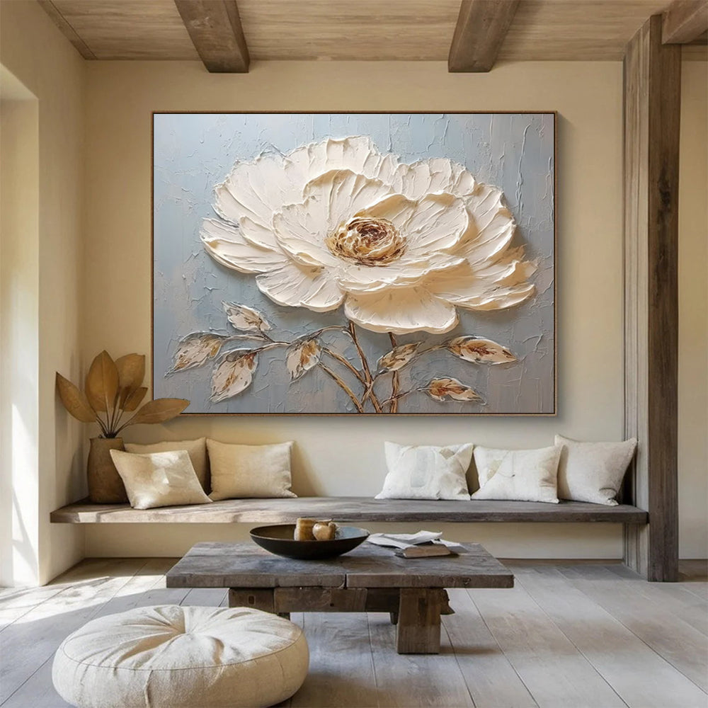 Single White Textured Flower - Impasto Botanical Painting On Canvas DLZ175