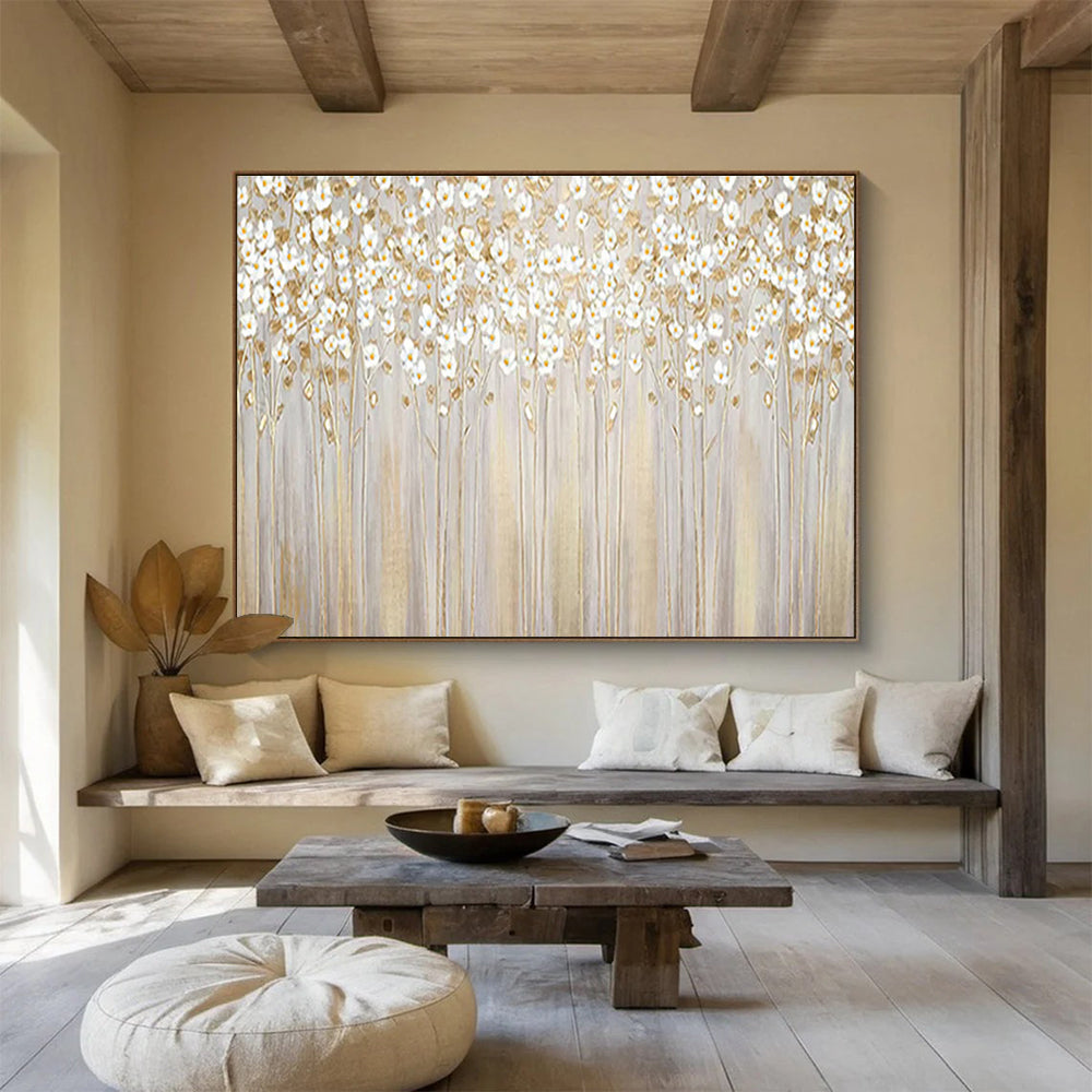 “White Flowers with Gold Stems” - Delicate Floral Painting On Canvas DKH787