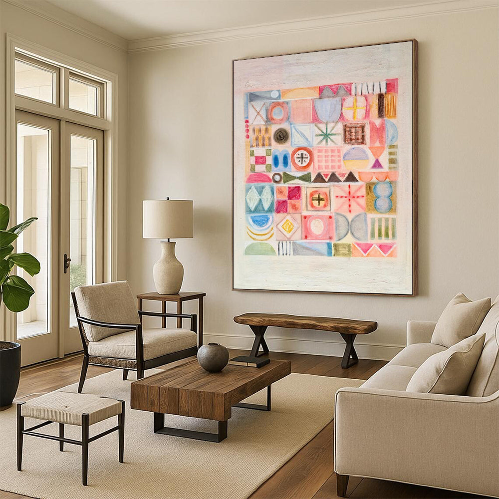 Pastel Geometric Shapes, Grid Layout - "Pastel Patchwork" - Abstract Geometric Painting CT1849