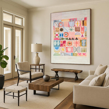 Pastel Geometric Shapes, Grid Layout - "Pastel Patchwork" - Abstract Geometric Painting CT1849