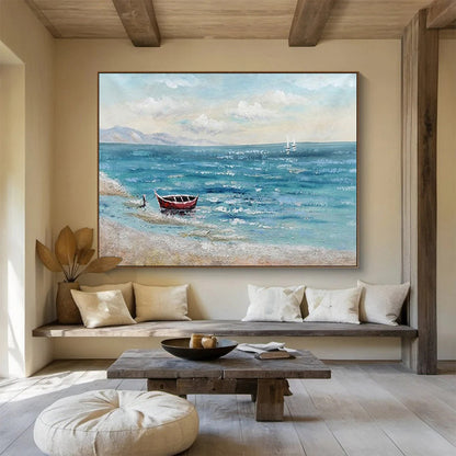 Blue Sea and Red Boat - Impressionist Seascape Painting On Canvas DLZ224