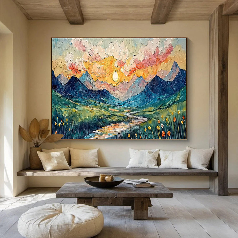 “Impasto Mountain Sunset” - Textured Landscape Painting On Canvas DKH856