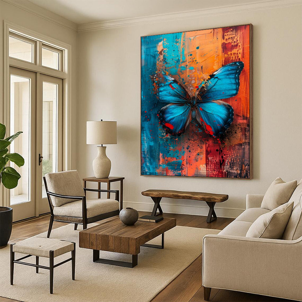 “Vibrant Blue Butterfly” - Blue, Orange & Red Butterfly Painting On Canvas CT2194