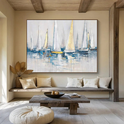 “Sailing in Style” - White, Gold & Blue Nautical Painting On Canvas DLZ257