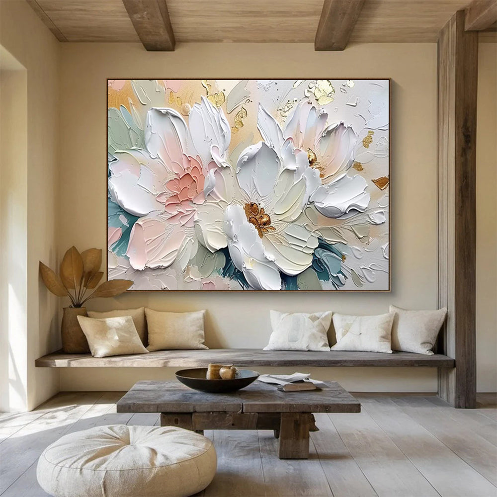 “Gilded Petal Elegance” - White, Pink, Gold Floral Relief - style Painting On Canvas DKH712