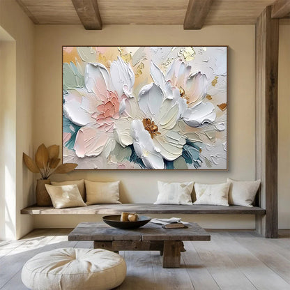 “Gilded Petal Elegance” - White, Pink, Gold Floral Relief - style Painting On Canvas DKH712