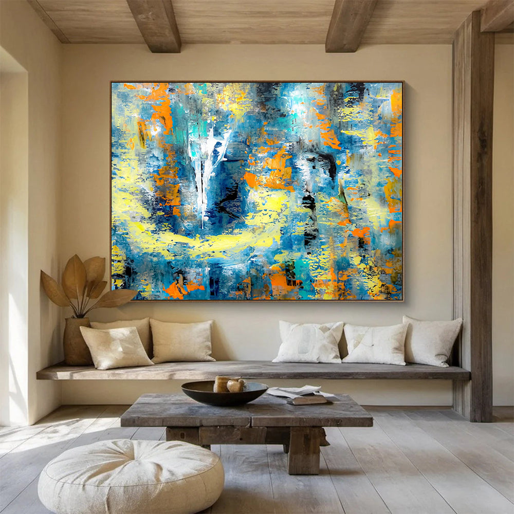 “Azure & Amber Abstract Odyssey” - Blue, Yellow & Orange Abstract Expressionist Painting On Canvas DKH924
