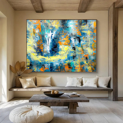 “Azure & Amber Abstract Odyssey” - Blue, Yellow & Orange Abstract Expressionist Painting On Canvas DKH924