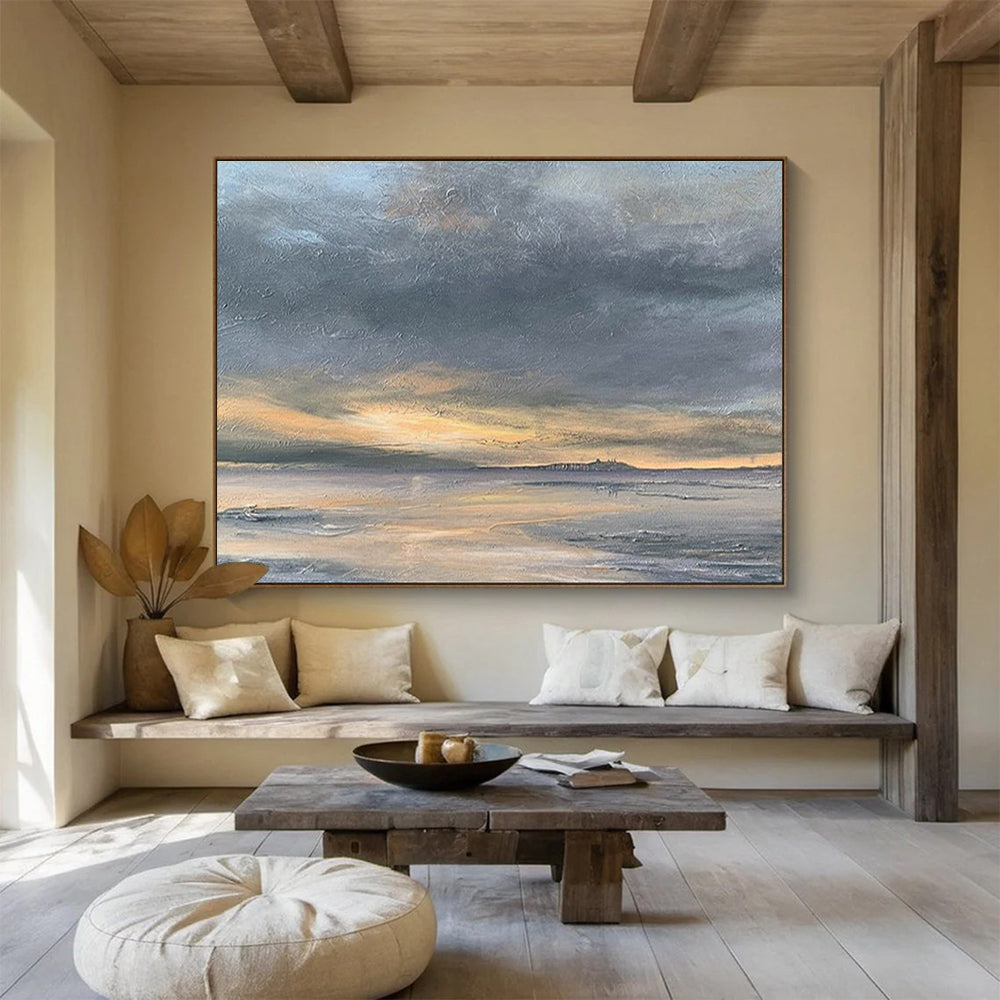 “Gray, Orange, Sunset Shore ‘Golden Dusk’” - Impressionist Seascape Painting On Canvas DLZ023