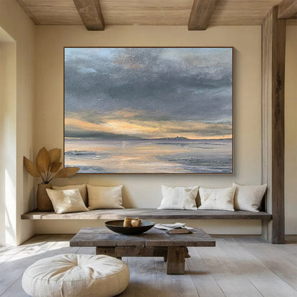 “Gray, Orange, Sunset Shore ‘Golden Dusk’” - Impressionist Seascape Painting On Canvas DLZ023
