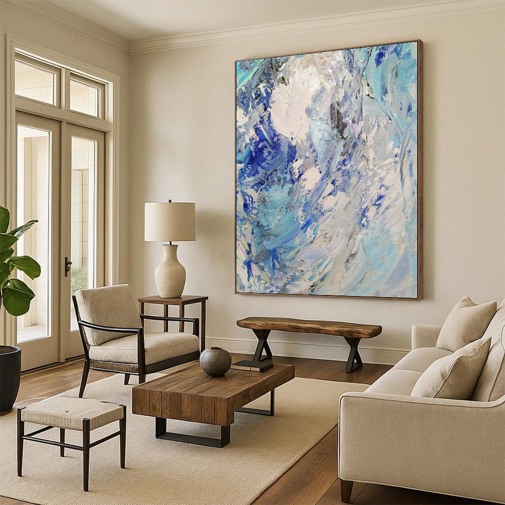 Turquoise and White Impasto Waves - Abstract Impasto Painting On Canvas DKH1288