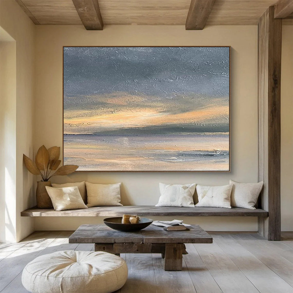 “Gray, Orange, Serene ‘Sunset Shore’” - Abstract Seascape Painting On Canvas DLZ016