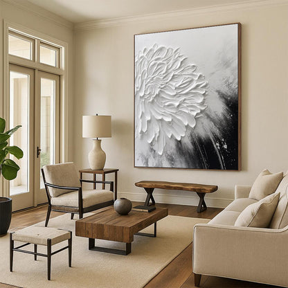 “3D White Flower on Monochrome” – Textured Floral Painting On Canvas CT2105