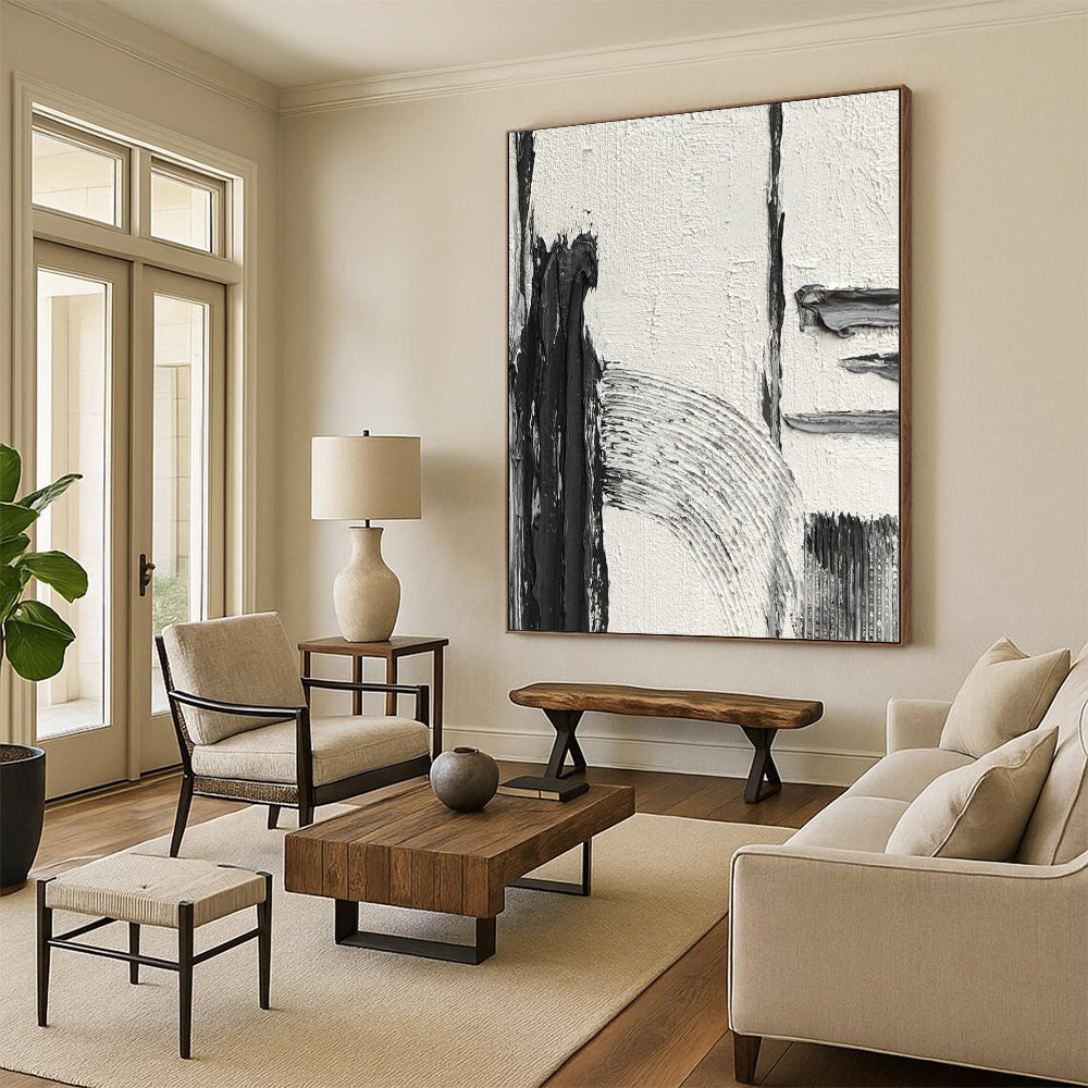 “White, Black Textured Shapes ‘Quiet Contrast’” - Impasto Abstract Painting On Canvas DTP386