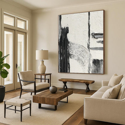 “White, Black Textured Shapes ‘Quiet Contrast’” - Impasto Abstract Painting On Canvas DTP386