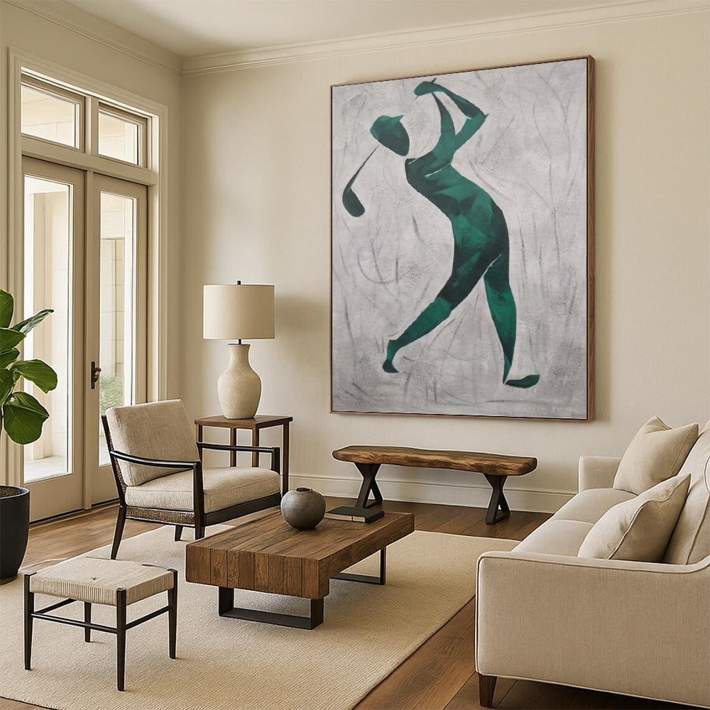 “Golfer in Green” - Green and Gray Abstract Golfer Silhouette Painting On Canvas DKH1561
