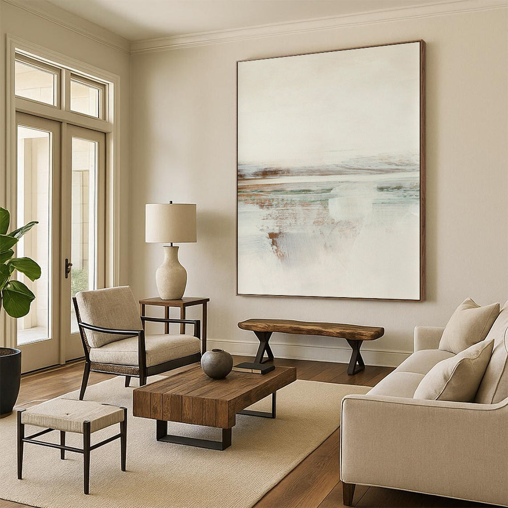 “Soft Tones Coastal View” - Beige, Blue, Green Abstract Landscape Painting On Canvas DTP225