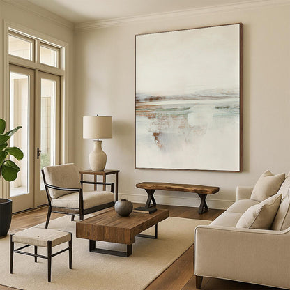 “Soft Tones Coastal View” - Beige, Blue, Green Abstract Landscape Painting On Canvas DTP225