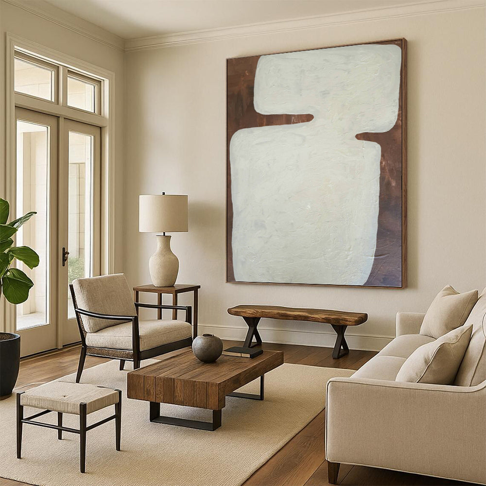 “White Abstract Shape on Brown Background” - Minimalist Abstract Painting On Canvas DKH1082