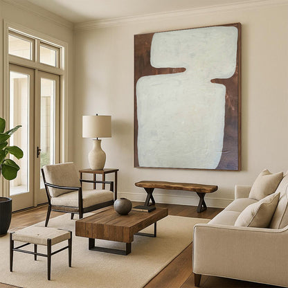 “White Abstract Shape on Brown Background” - Minimalist Abstract Painting On Canvas DKH1082