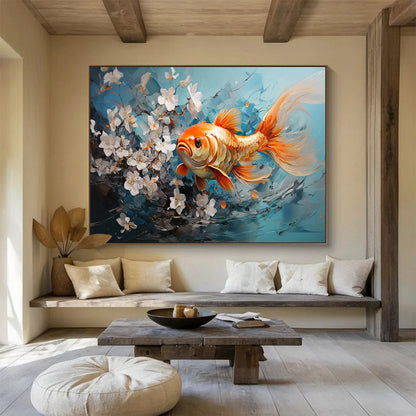“Goldfish Among White Blossoms” - Blue, Orange, White Realistic Figurative Painting On Canvas DKH764