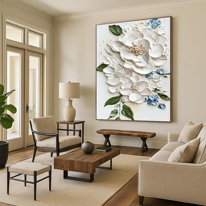 White Peony and Blue Accent Impasto - Textured Floral Painting On Canvas DKH1388