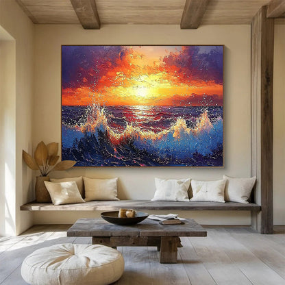 “Fiery Sunset Sea” Romanticism - inspired Seascape Painting On Canvas DLZ165