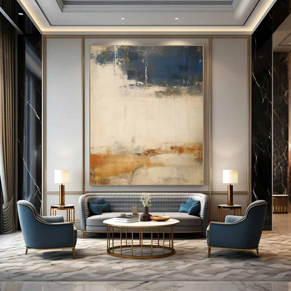 Navy, Orange & Neutral Tones - Abstract Expressionist Acrylic On Canvas CT1341