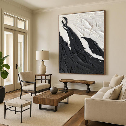 “Black, White Textured Peaks ‘Snowy Majesty’” - Impasto Abstract Painting On Canvas DTP404